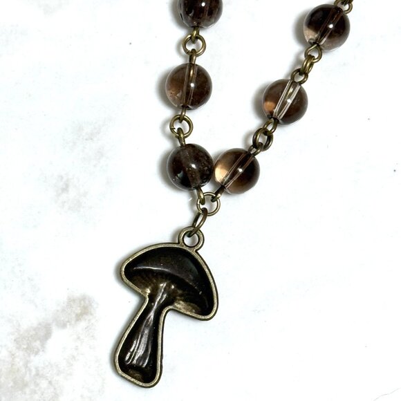 Natural Smoky Quartz Short Necklace, Genuine Gemstone + Bronze Slim Mushroom - Picture 6 of 14